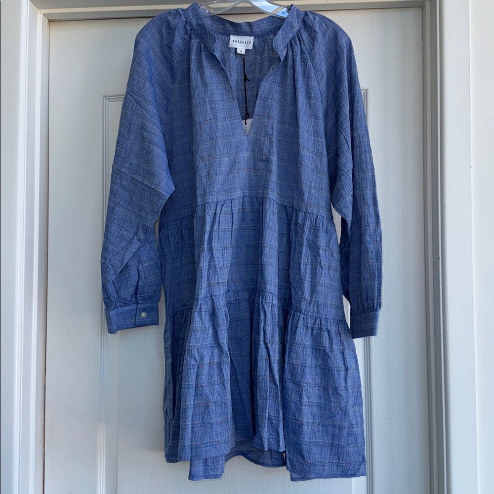 Blue Long sleeve V-neck tiered Dress